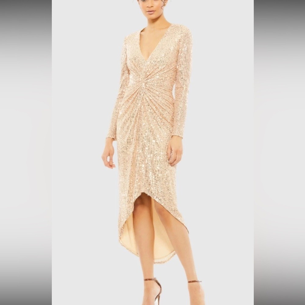 Ieena for Mac Duggal 26549 Rose Gold Sequin High-Low Gown Long Sleeve Dress 0
